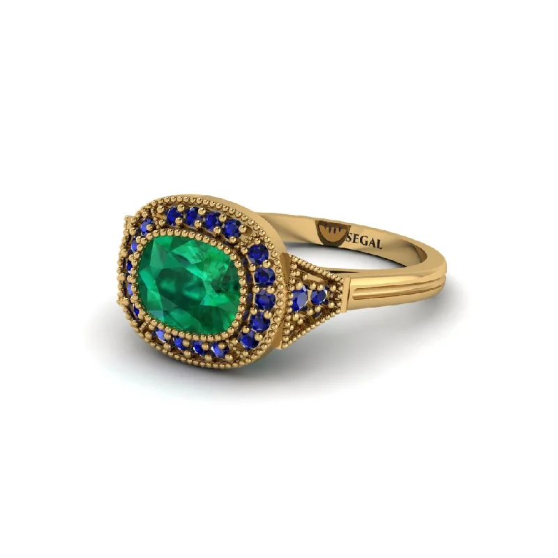 Unique Gemstone Rings For Colorful Fashion-Cushion Cut Emerald Milgrain Halo Engagement Ring - Blake No. 64