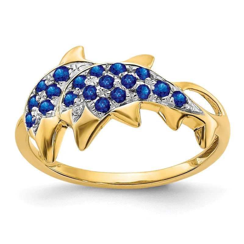 Simple Titanium Rings For Modern Style-14K Yellow Gold Gold w/ Rhodium Detail Diamond & Blue Sapphire Dolphins Ring