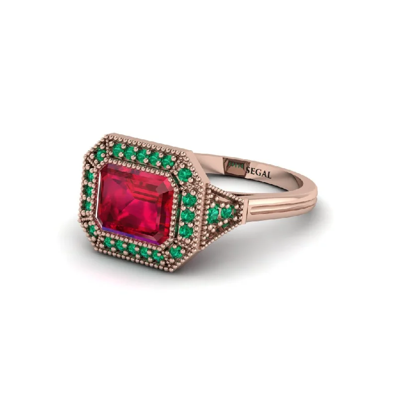 Gorgeous Diamond Rings For Engagement Glam-Emerald Cut Ruby Milgrain Halo Engagement Ring - Juniper No. 26