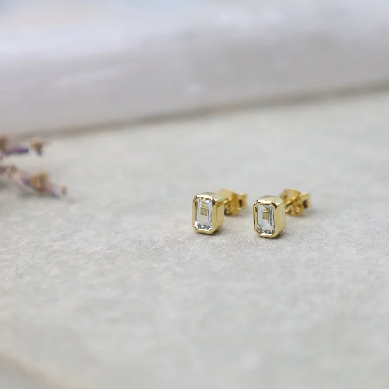 Gorgeous Earrings For Bridesmaids-14k Gold Vermeil Bezel Set Octagon Cut Aquamarine Post Earrings